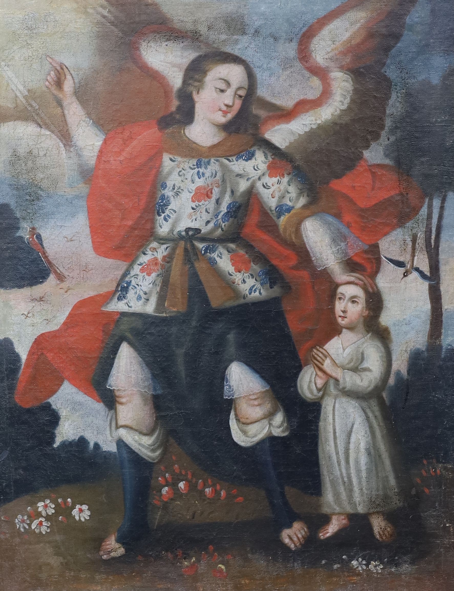 Cusco School, oil on canvas, Archangel and child in a landscape, 79 x 60cm, ornate mirrored frame